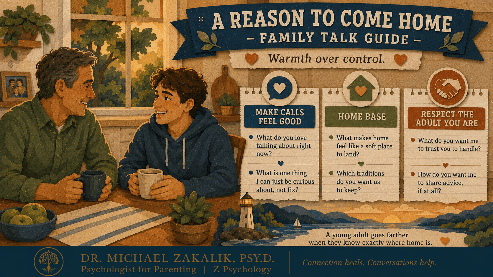 Family talk guide with prompts for enjoyable calls, a welcoming home base, and respecting an adult child's autonomy.