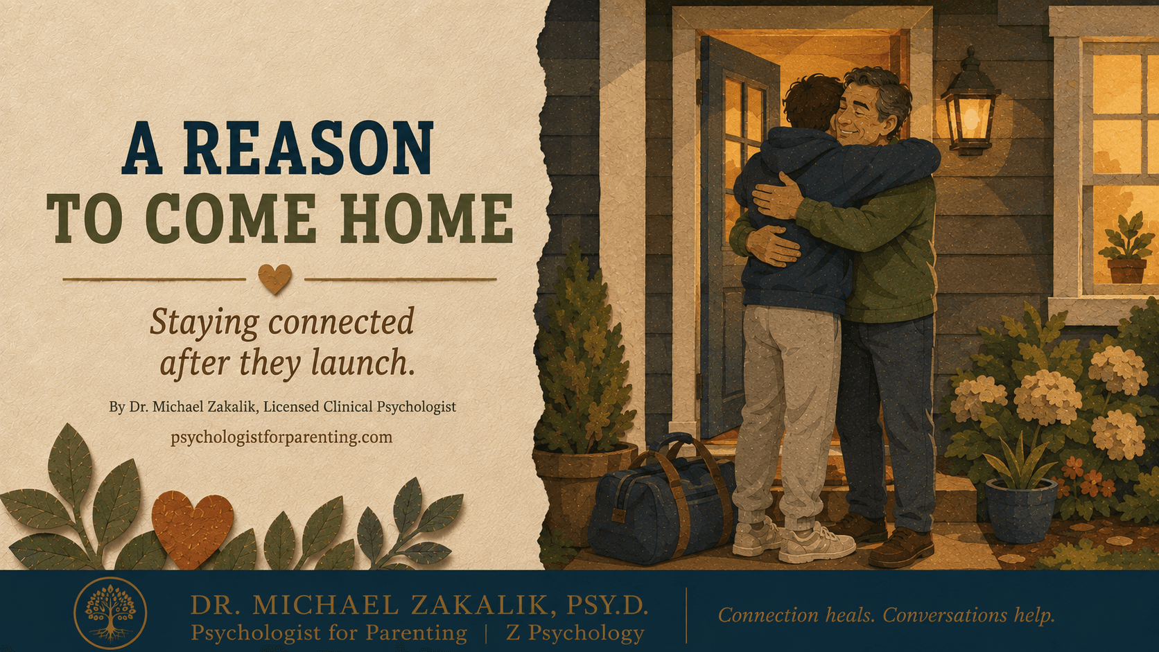 A parent welcoming an adult child home with a warm hug at the front door.