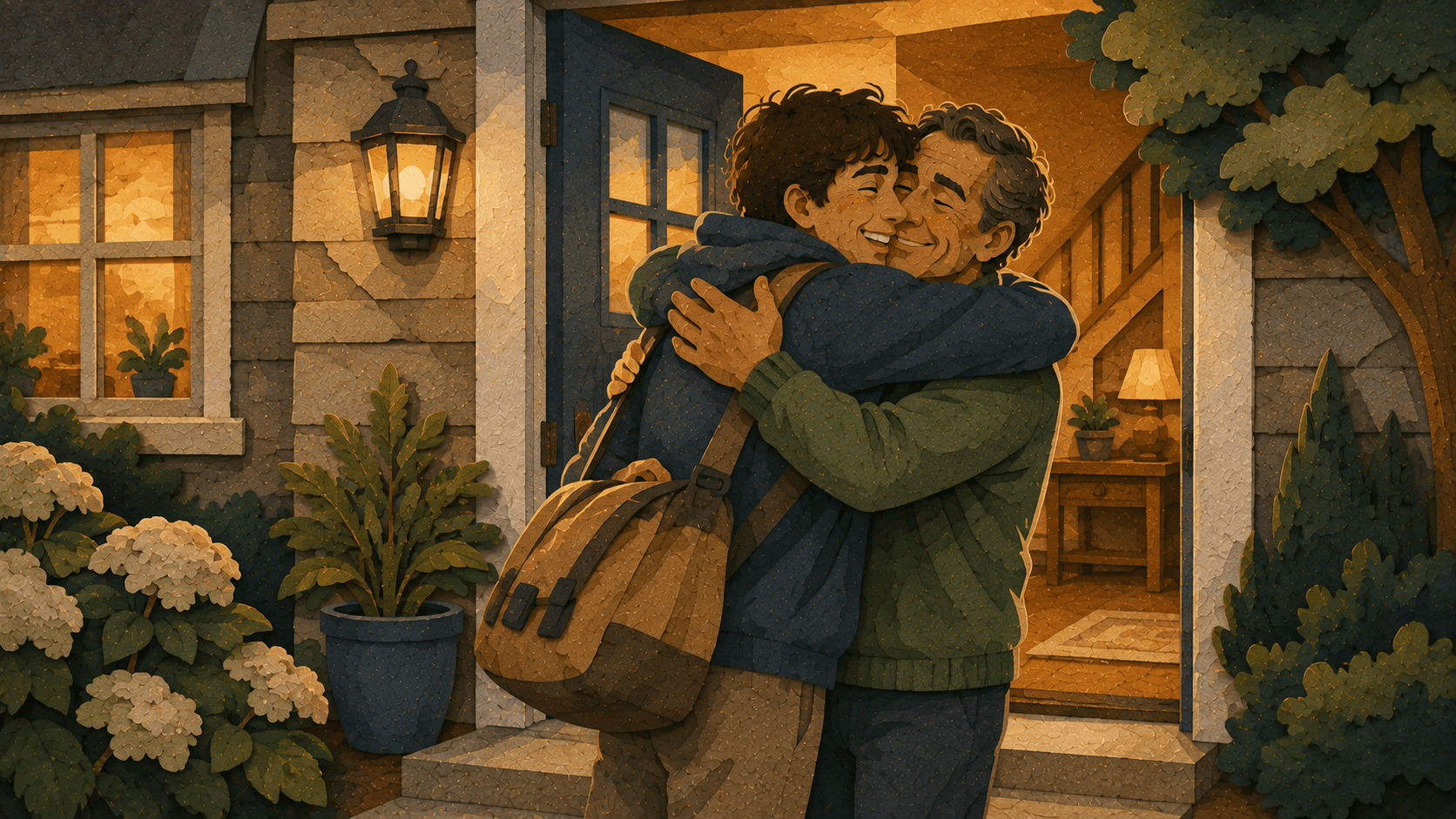 A parent and adult child sharing a joyful homecoming hug at an open front door.