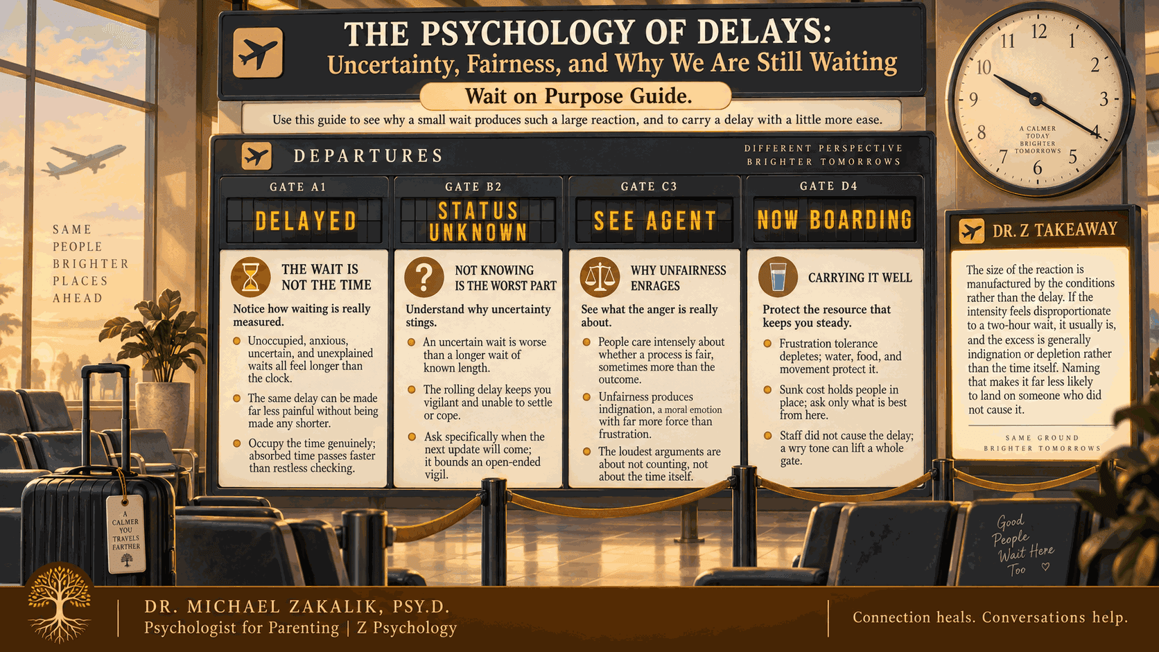Wait on Purpose Guide styled as an airport departures board with four gates: the wait is not the time, not knowing is the worst part, why unfairness enrages, and carrying it well, plus a Dr. Z takeaway.