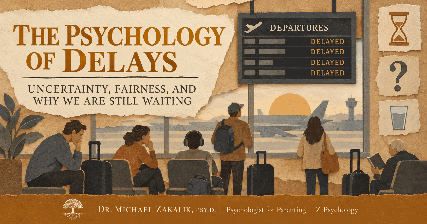 Paper-cut illustration of travelers waiting beneath a departures board showing a delayed flight, representing the psychology of waiting.