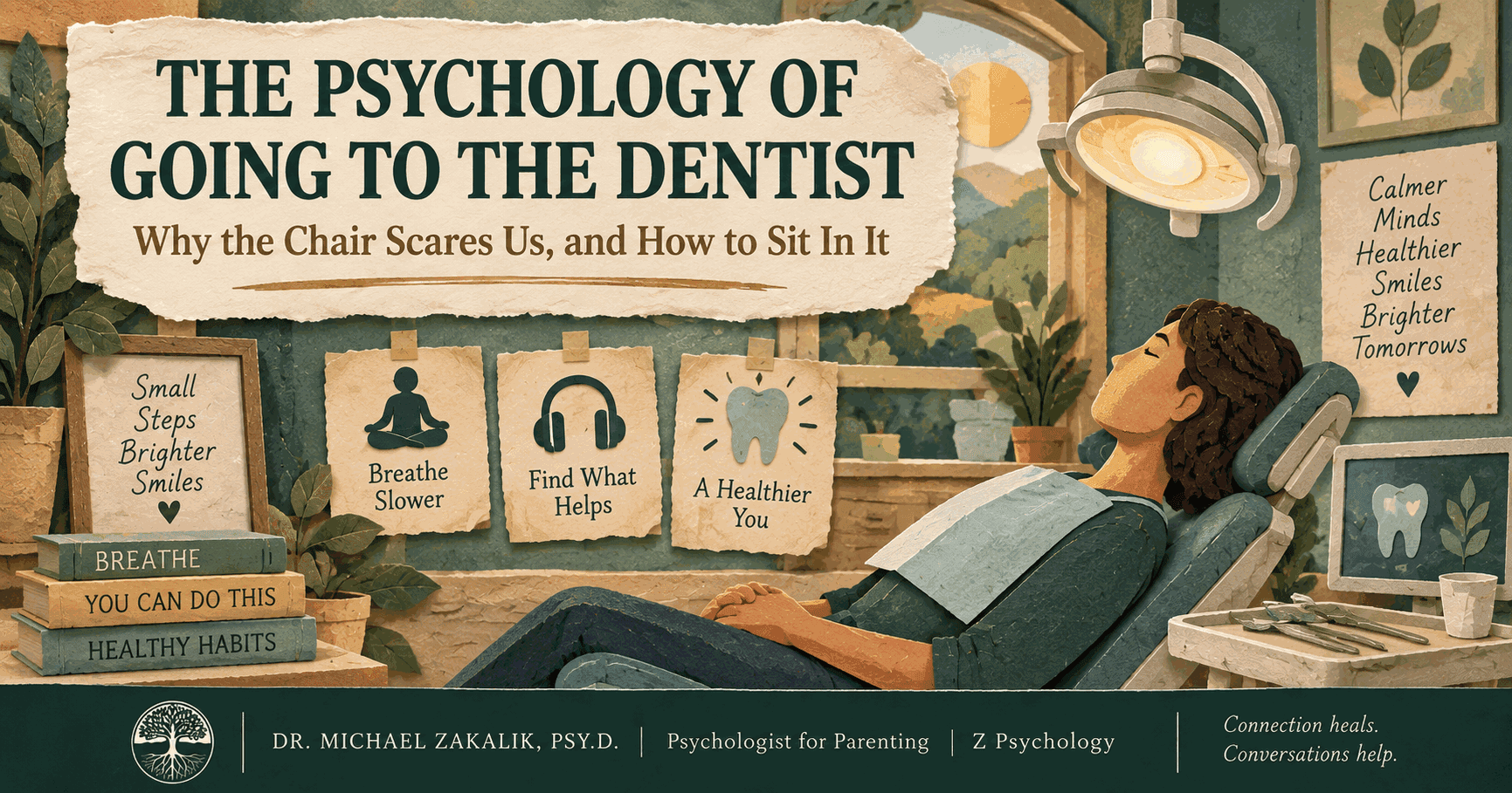 Paper-cut illustration of a person taking a calm breath in a dentist chair as a gentle overhead light glows, representing facing dental anxiety with support.