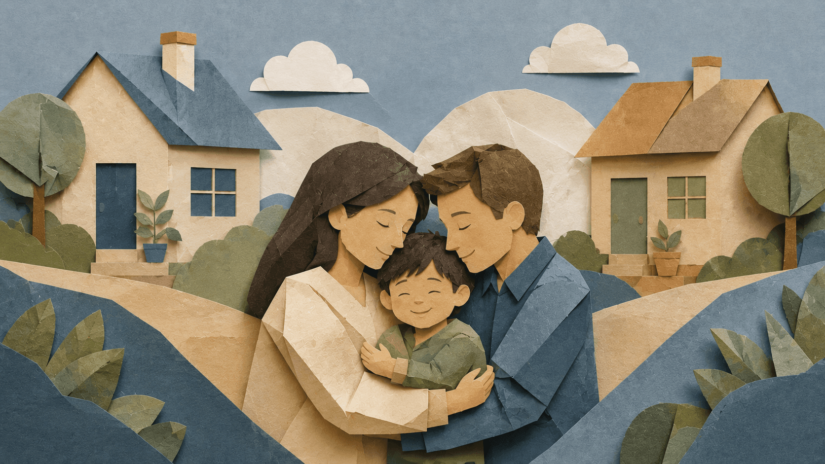 A child held securely between two caring homes.
