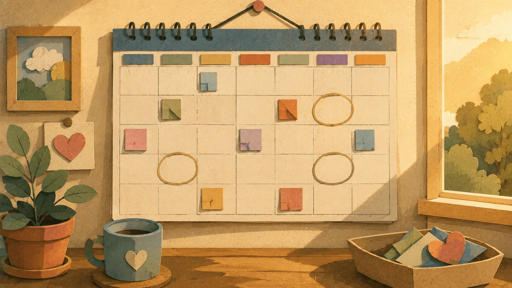 A family calendar with activities and several open spaces intentionally protected for downtime.