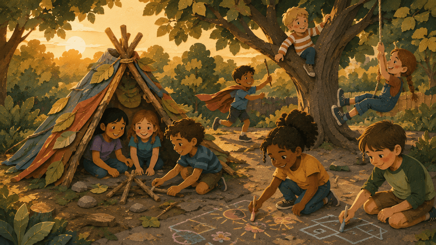 A diverse group of children creating their own outdoor games through fort building, climbing, imaginative play, and chalk drawing.