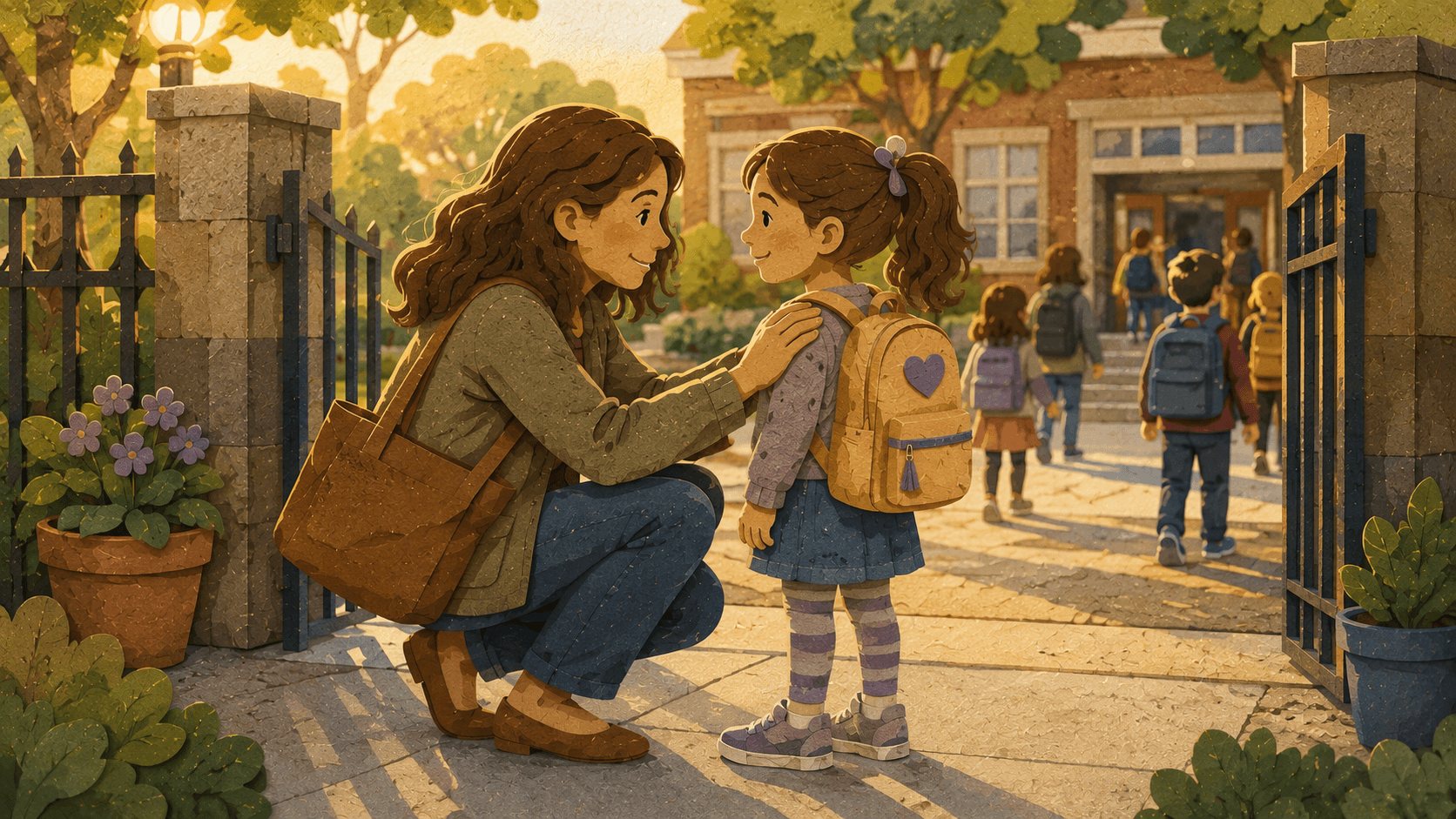 A parent and child sharing a calm, confident goodbye at the school gate.