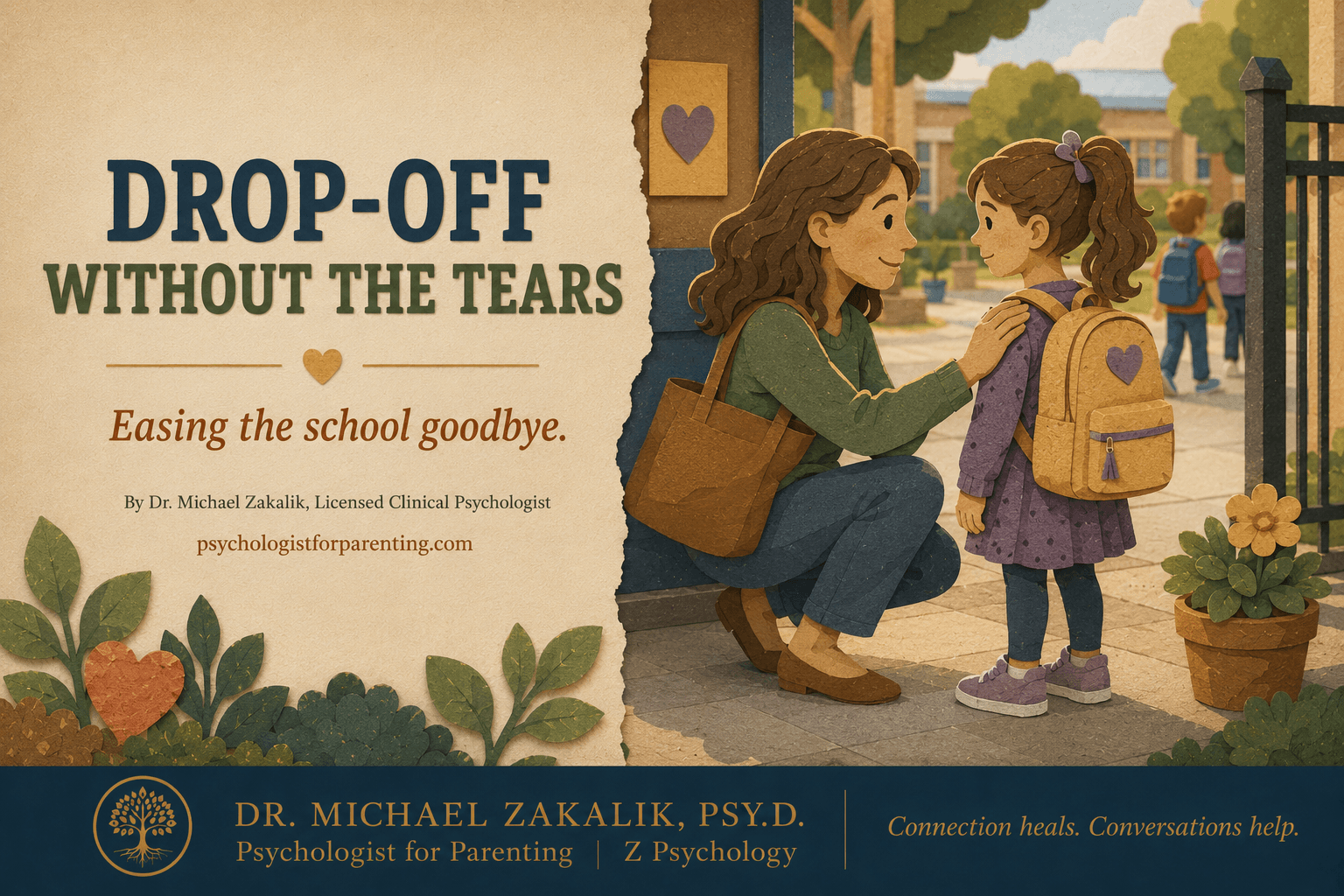 A parent calmly reassuring her young child at the school gate before drop-off.
