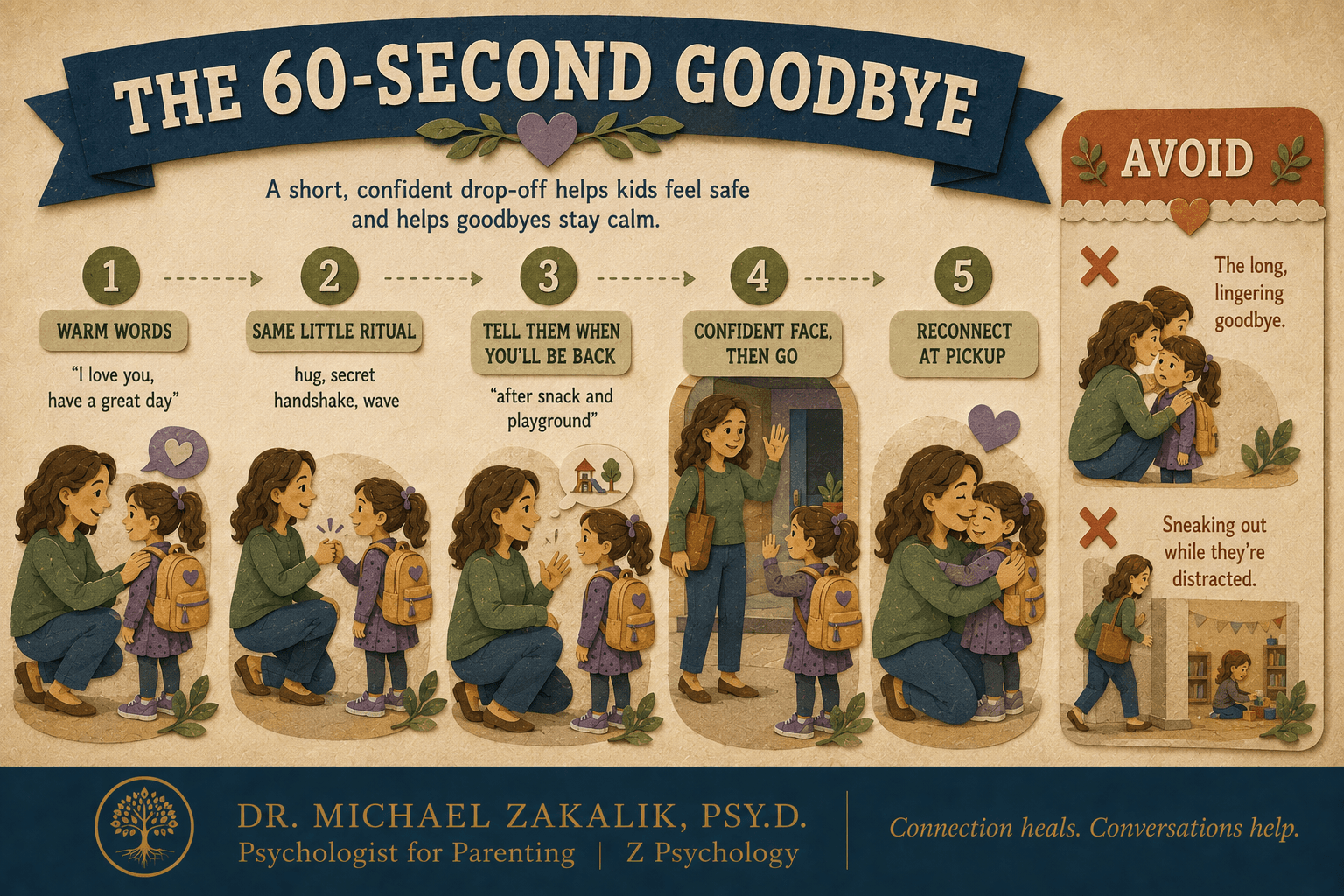 Infographic showing how to make school drop-off smoother with a short goodbye ritual.