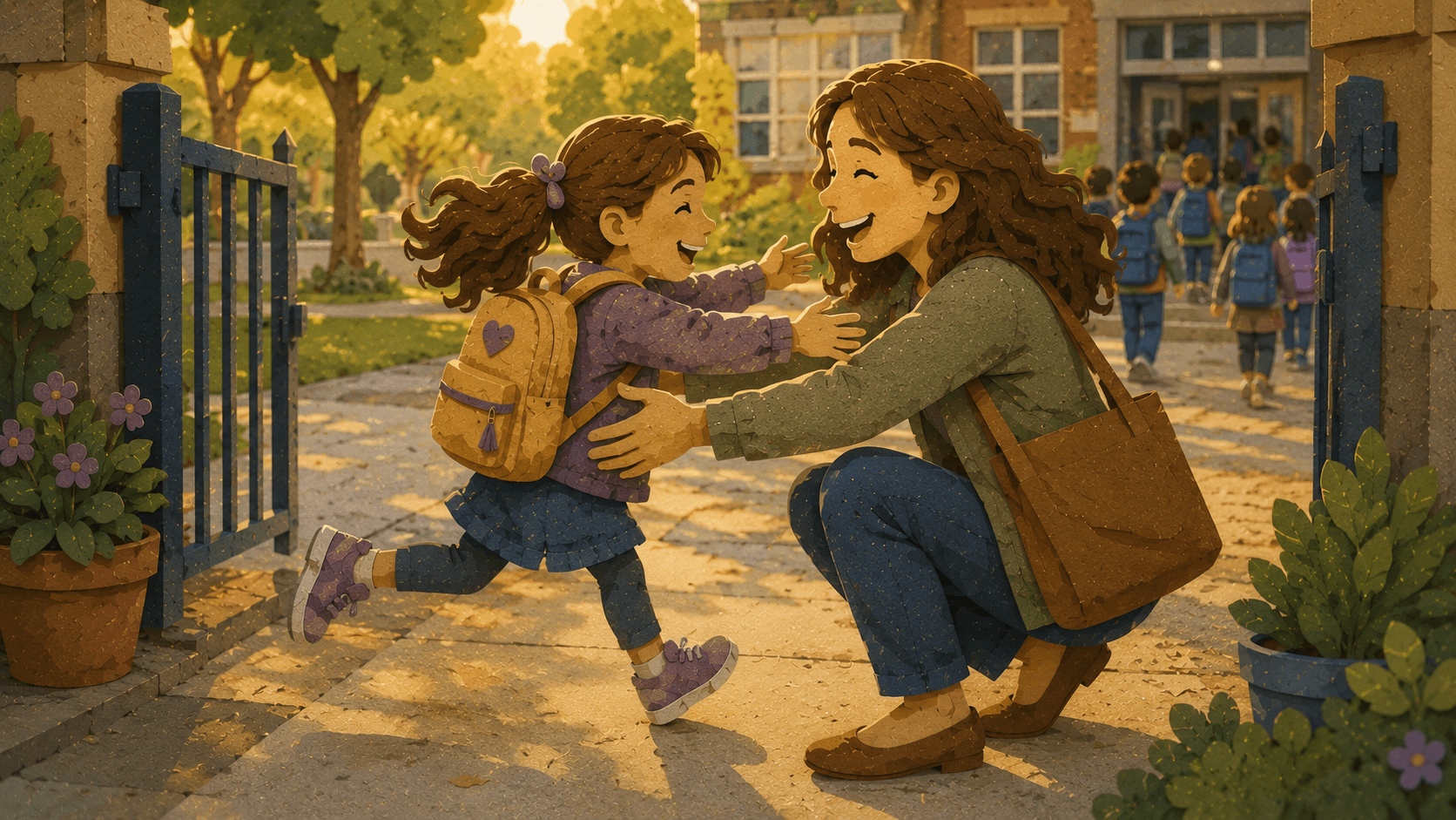 A child running toward her parent for a joyful reunion after school.