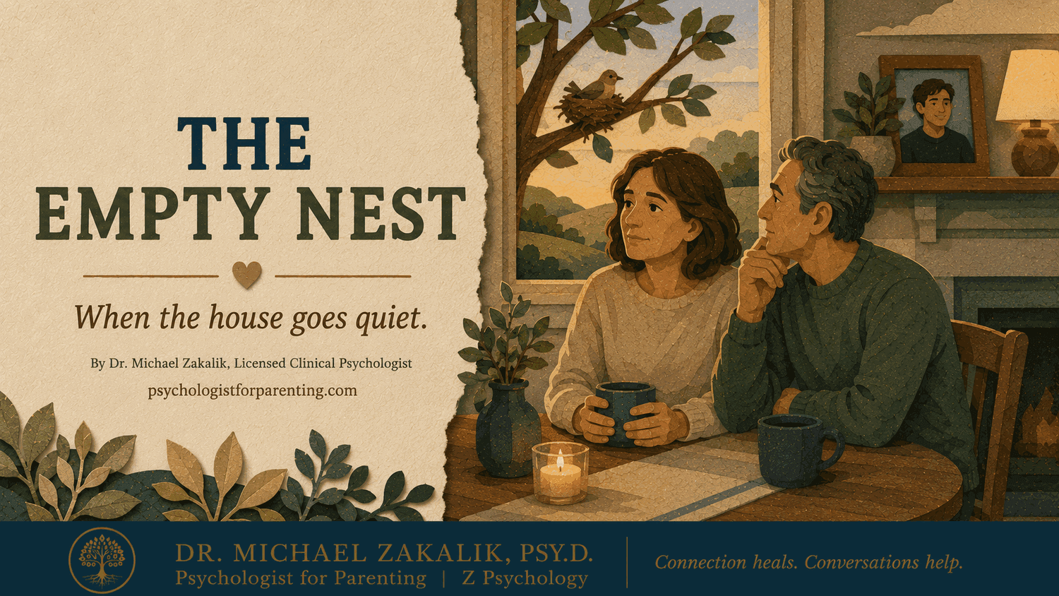 Parents reflecting together in their newly quiet home after their child has moved out.