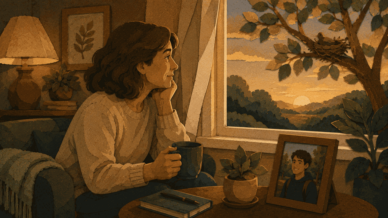 A parent reflecting by a quiet window beside a framed photo of her adult child.