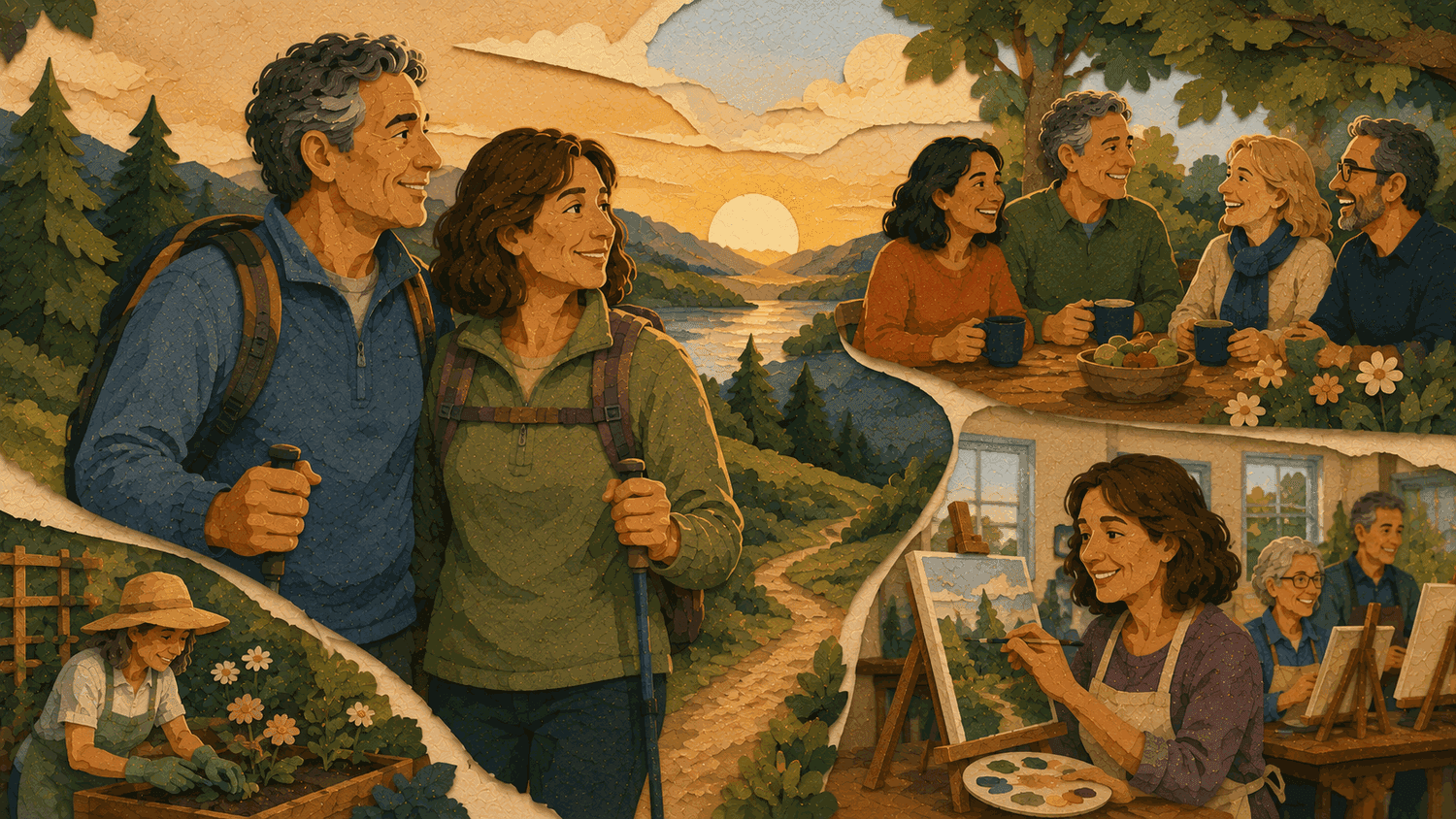 Adults rediscovering hiking, gardening, painting, and friendship during the empty nest years.