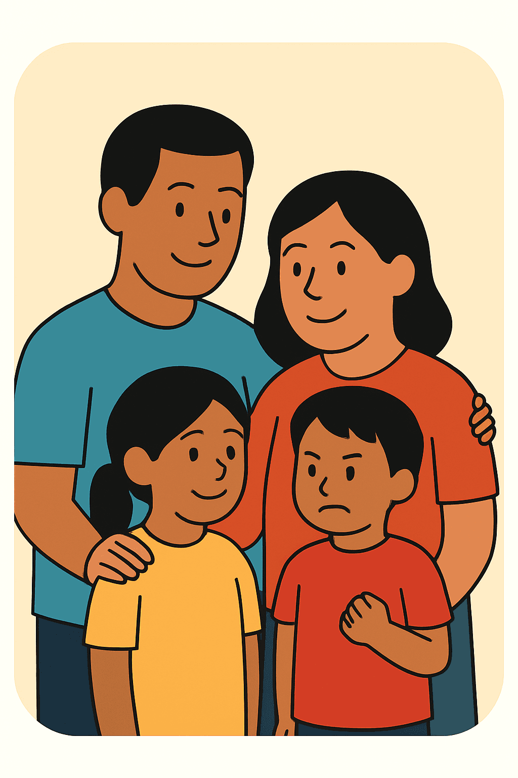Family illustration showing parents with two children, one happy and one upset, depicting sibling dynamics