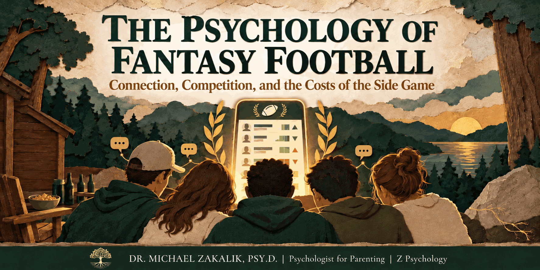 Paper-cut illustration of a phone lit up with a lineup, surrounded by a ring of friends' silhouettes, a football, and a glowing scoreboard, representing the community and pull of fantasy football.