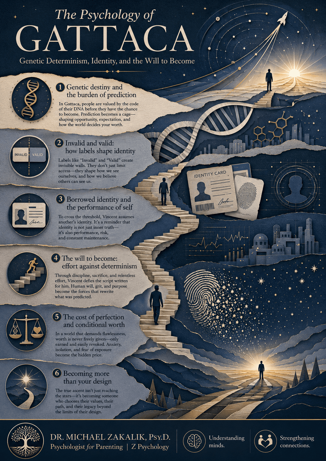 Infographic on Gattaca: genetic determinism versus freedom, the self-fulfilling prophecy of low expectations, the borrowed identity and authenticity, the cost of concealment, and the spirit that defies its assigned limits.