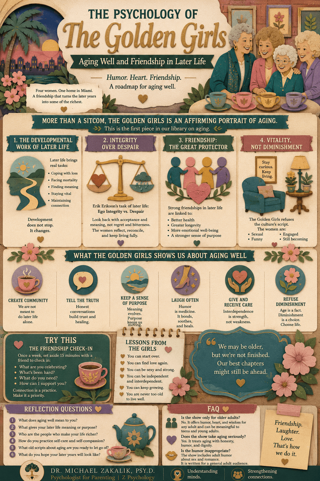 Infographic on The Golden Girls: the developmental challenges of later life, integrity and generativity, the power of later-life friendship, vitality and the refusal of diminishment, and loss and resilience.