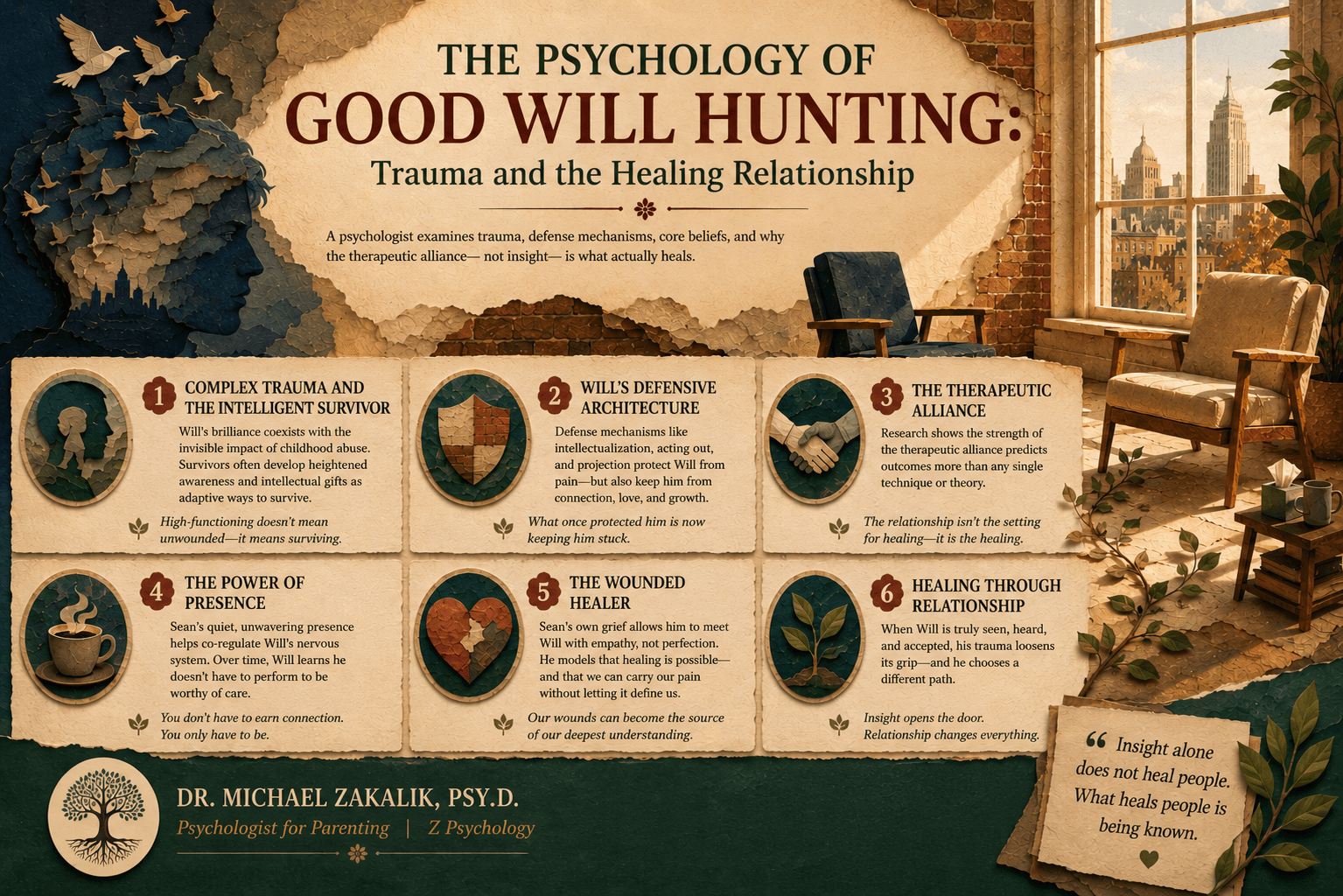 Infographic on the psychology of Good Will Hunting: complex trauma, defenses, the therapeutic alliance, and corrective emotional experience.