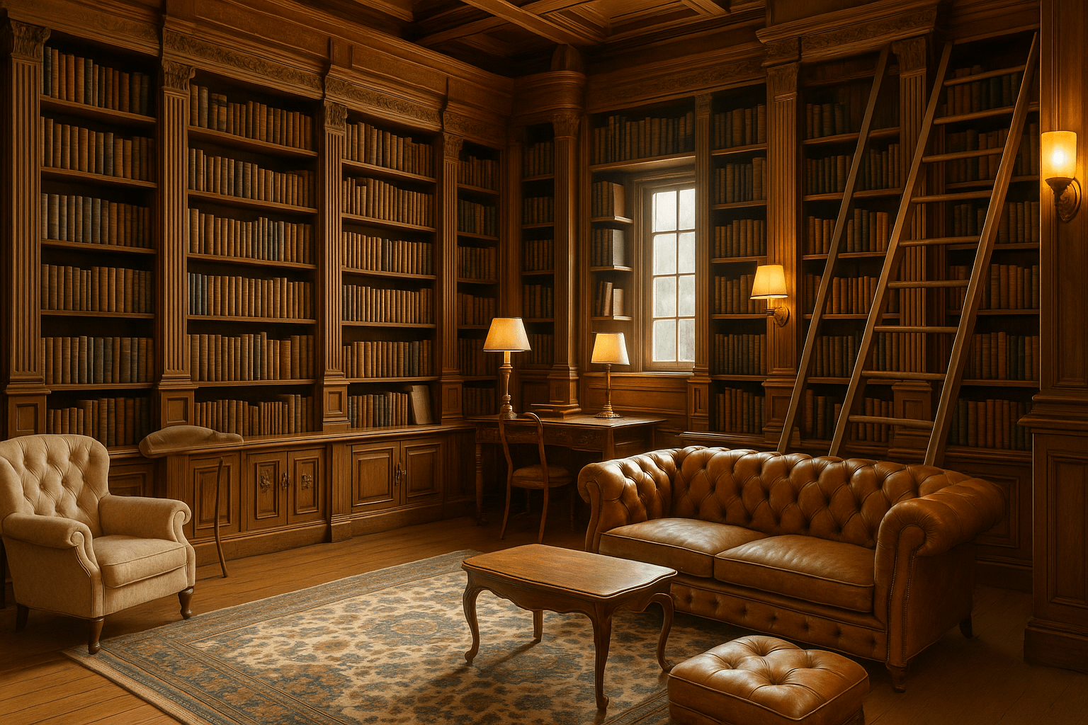 Grand library with wooden bookshelves and warm lighting
