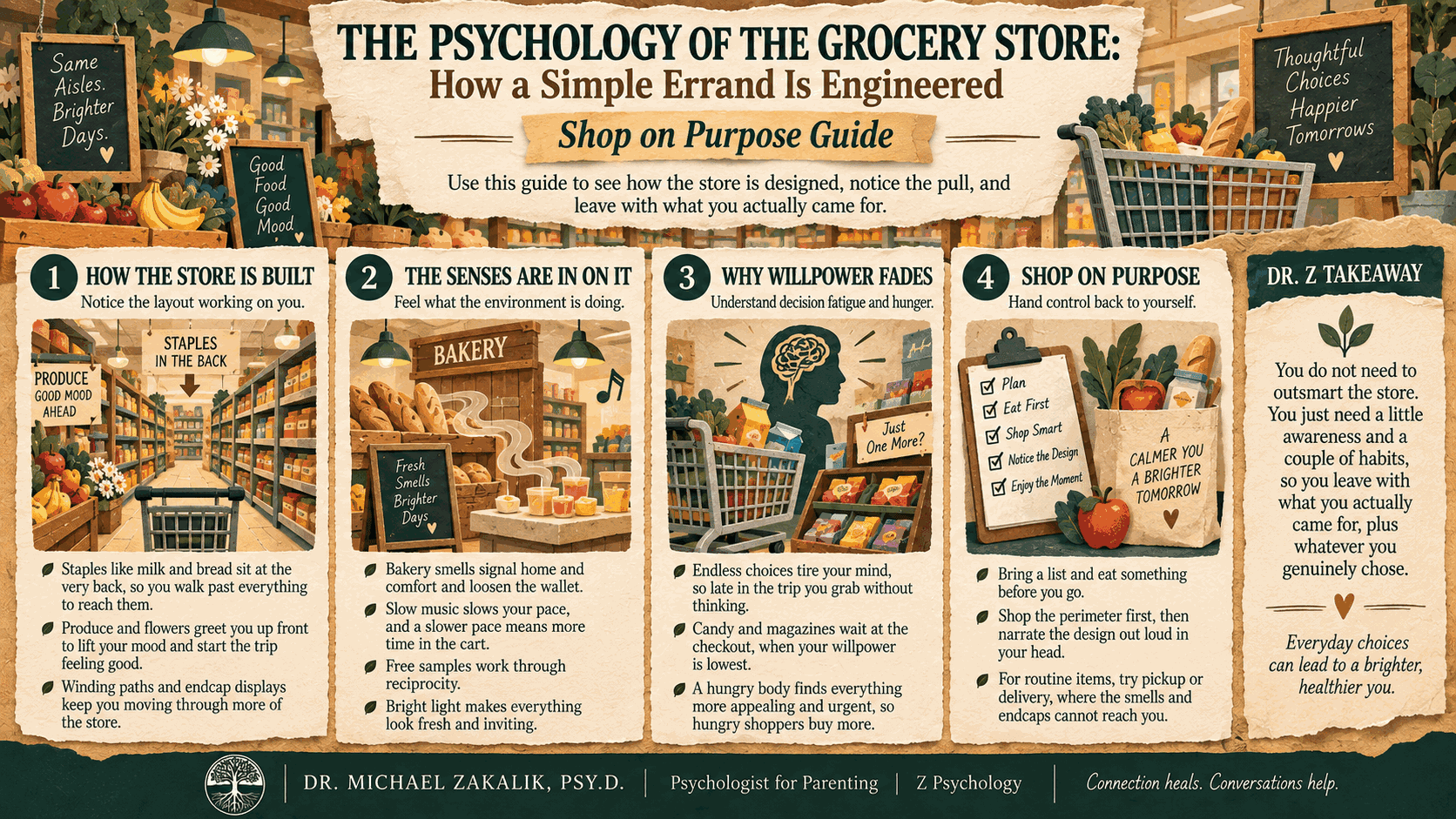 Shop on Purpose Guide with four parts: how the store is built, the senses are in on it, why willpower fades, and shop on purpose, plus a Dr. Z takeaway.