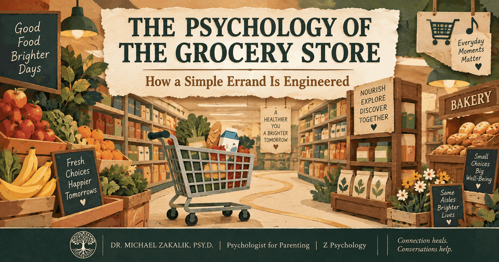 Paper-cut illustration of a shopping cart winding through bright grocery aisles past produce, bakery, and an endcap display, representing the designed experience of the grocery store.