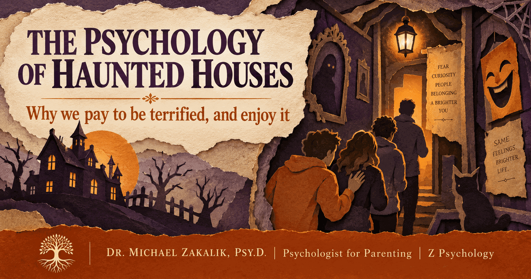 Paper-cut illustration of a small group walking through a dark haunted attraction with shadowy figures and a lit doorway, representing the psychology of recreational fear.