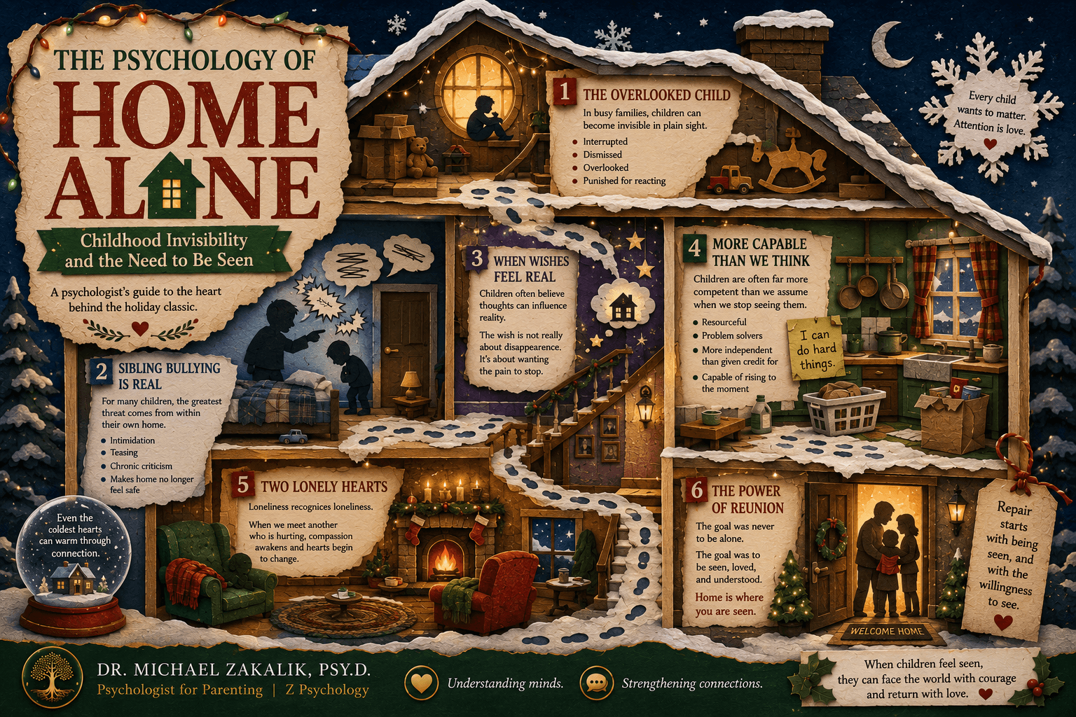 Infographic on Home Alone: structural overload in a busy family, sibling bullying, childhood magical thinking, the underestimated child, and reunion through presence.