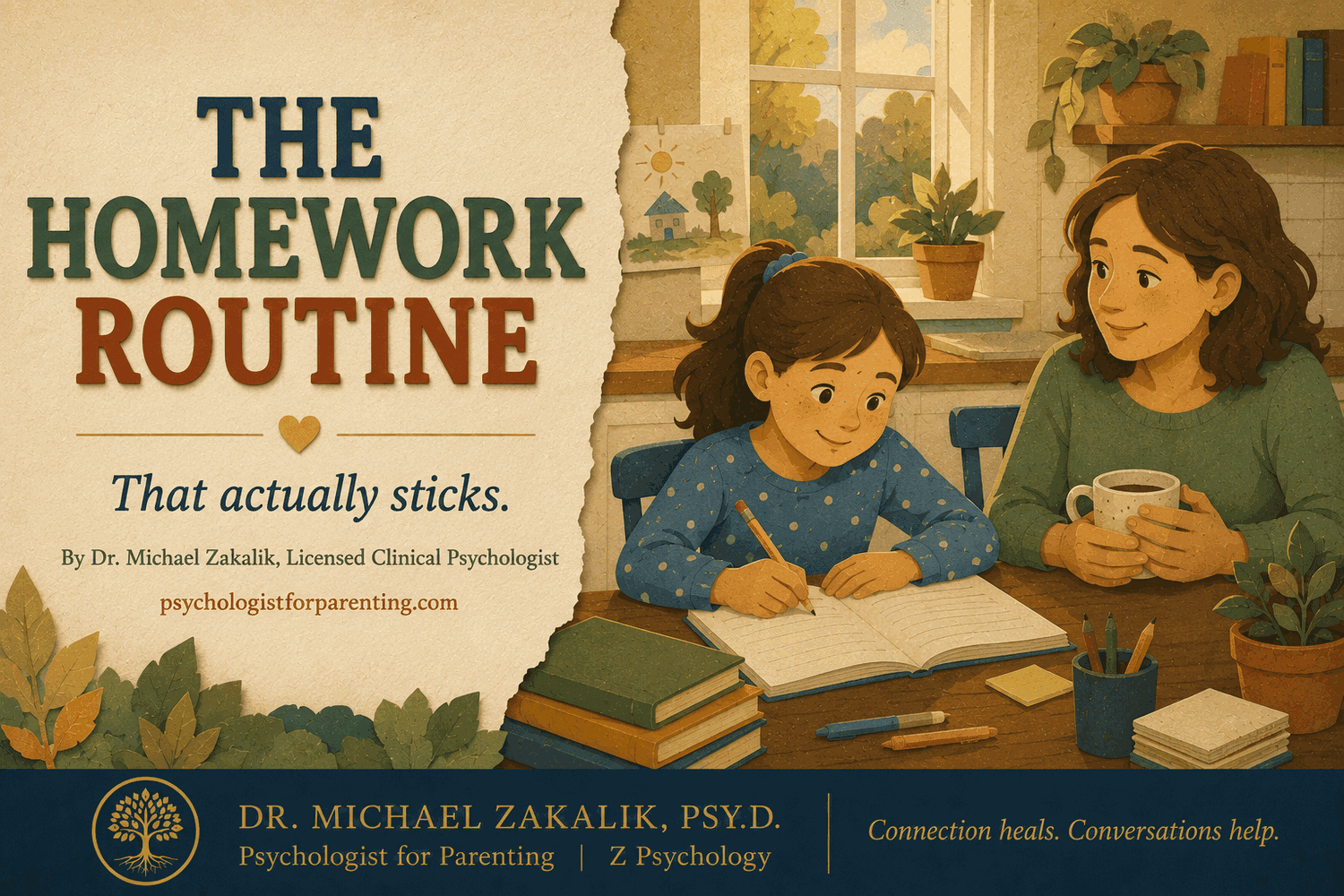 A parent calmly supporting a child as she works on homework at the kitchen table.