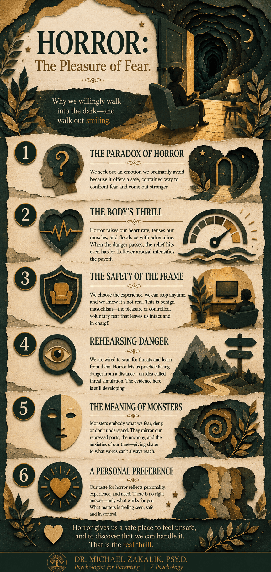 Infographic on the psychology of horror: the paradox of enjoying fear, arousal and excitation transfer, benign masochism and the safety of the frame, morbid curiosity and threat rehearsal, and what monsters symbolize.