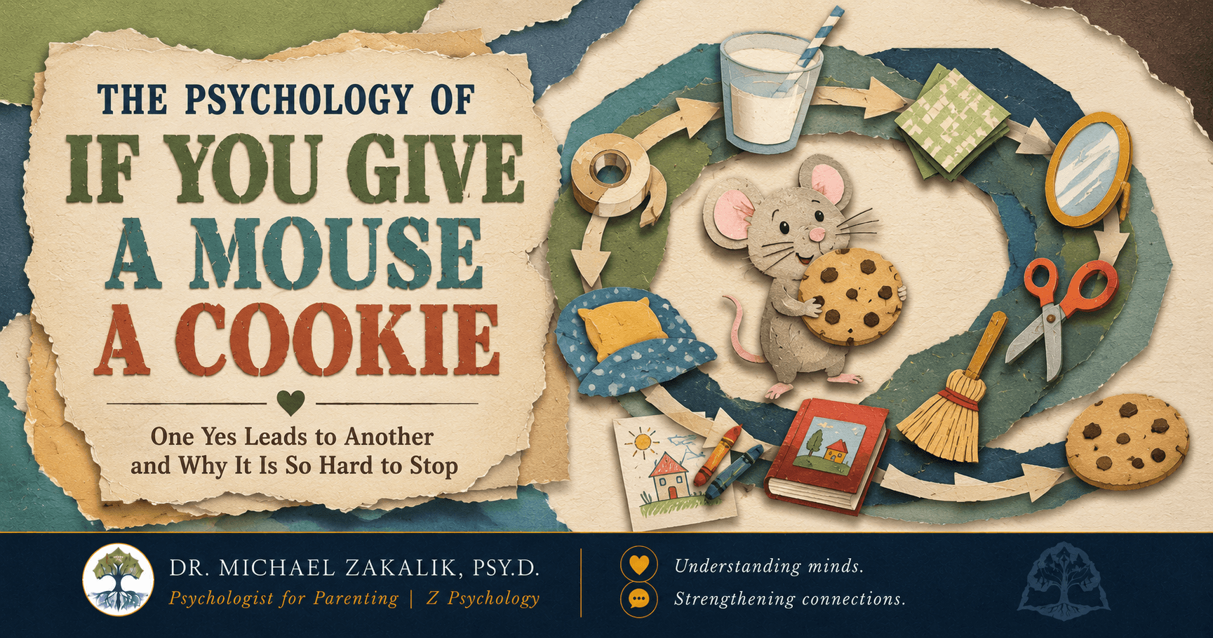 Paper-cut illustration of a small mouse holding a cookie at the start of a long looping chain of everyday objects, a glass of milk, a straw, a napkin, scissors, and a book, curling back around to another cookie, representing how one small yes leads to the next.