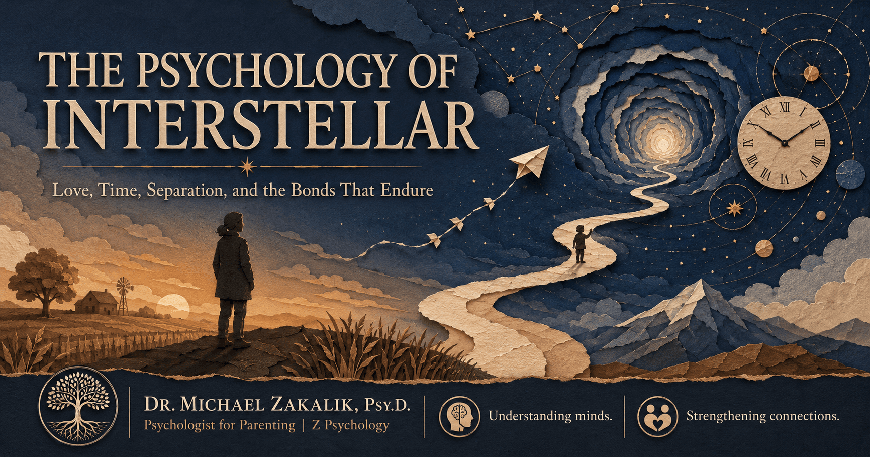 Minimalist illustration of a small lone figure standing beneath a vast starfield, with a single lit window glowing far below, representing a parent gone but not gone and love that holds across distance.