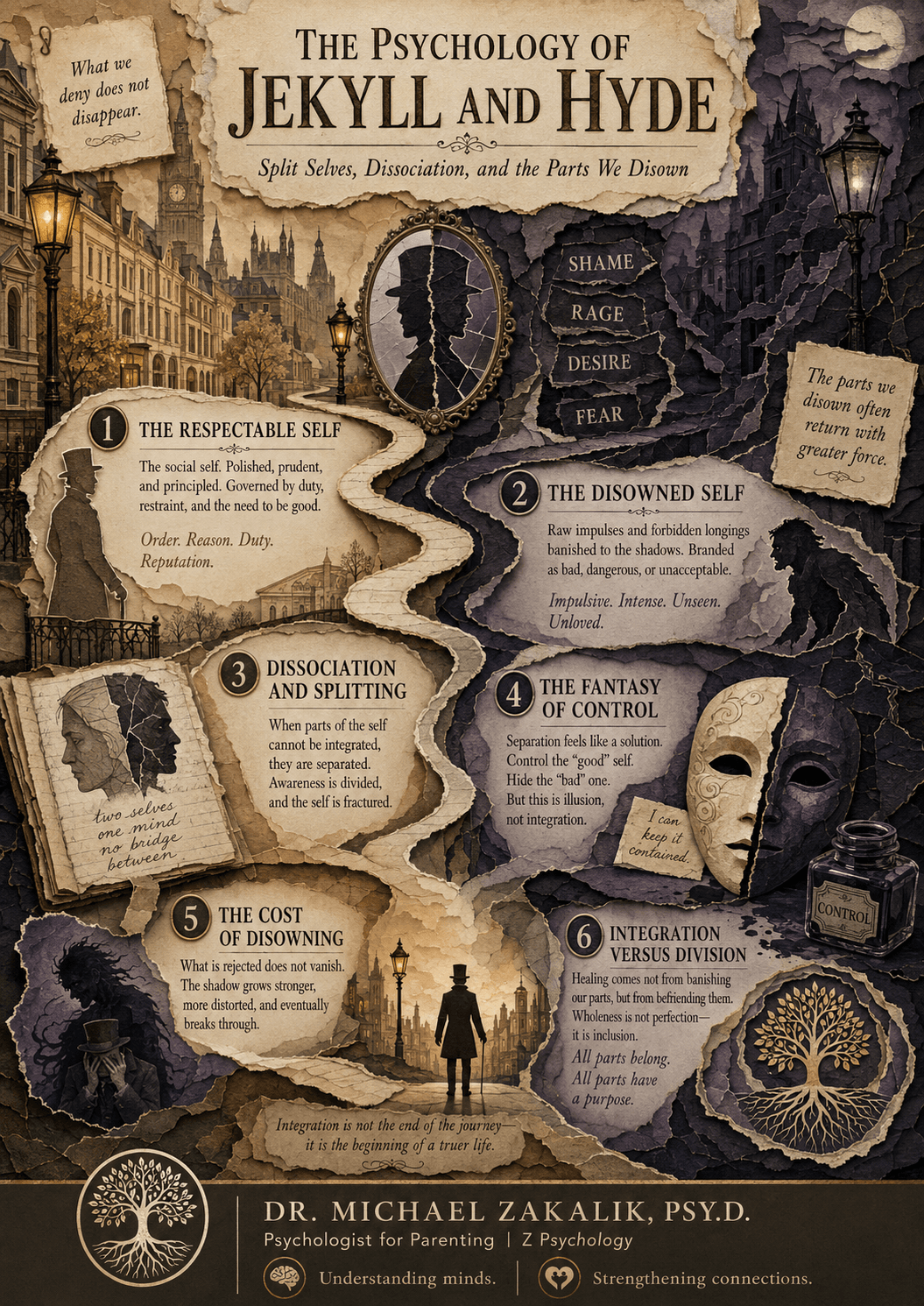 Infographic on Dr. Jekyll and Mr. Hyde: the divided self, the wish to separate, the failure of quarantine, the Jungian shadow, and integration over splitting.