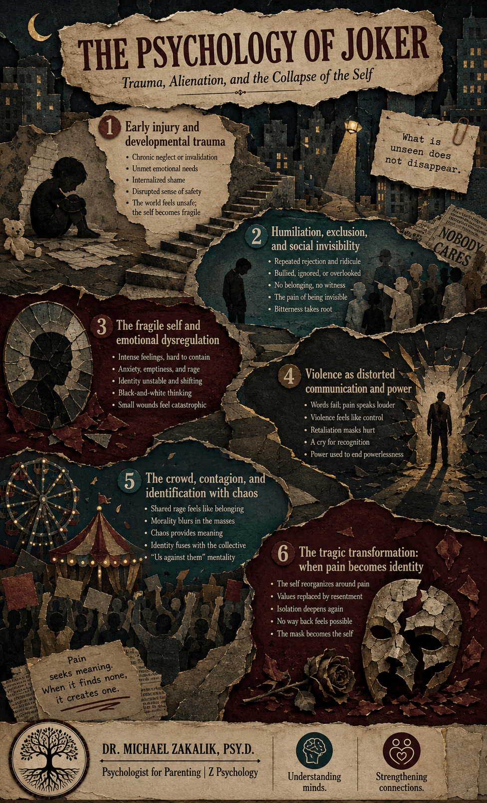 Infographic on Joker: the diathesis-stress model, the cascade of failures, the laugh as symptom, social pain in the brain, and the failure of systems of care.