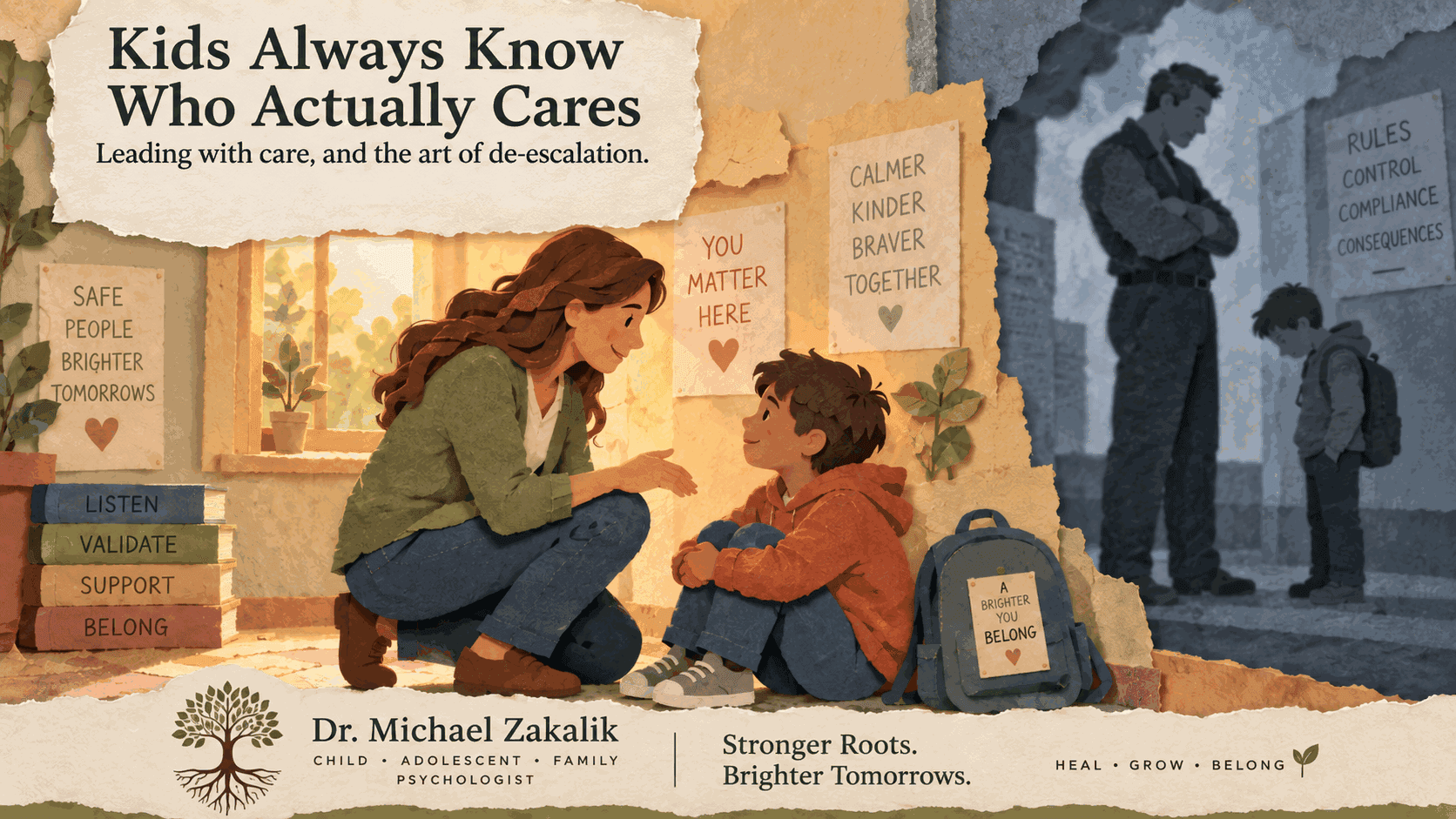 Warm paper-cut illustration of a teacher kneeling to a child's level with open, unhurried posture while another adult in the background stands over a child with a raised, rigid posture, contrasting leading with care against leading with force.