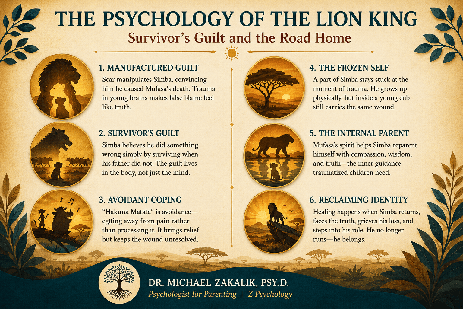 Infographic on healing from trauma: manufactured guilt, avoidant coping, the frozen self, and the return.