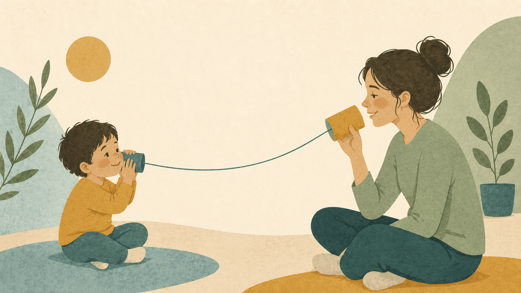 A parent and child connected by a string telephone, representing listening through connection.