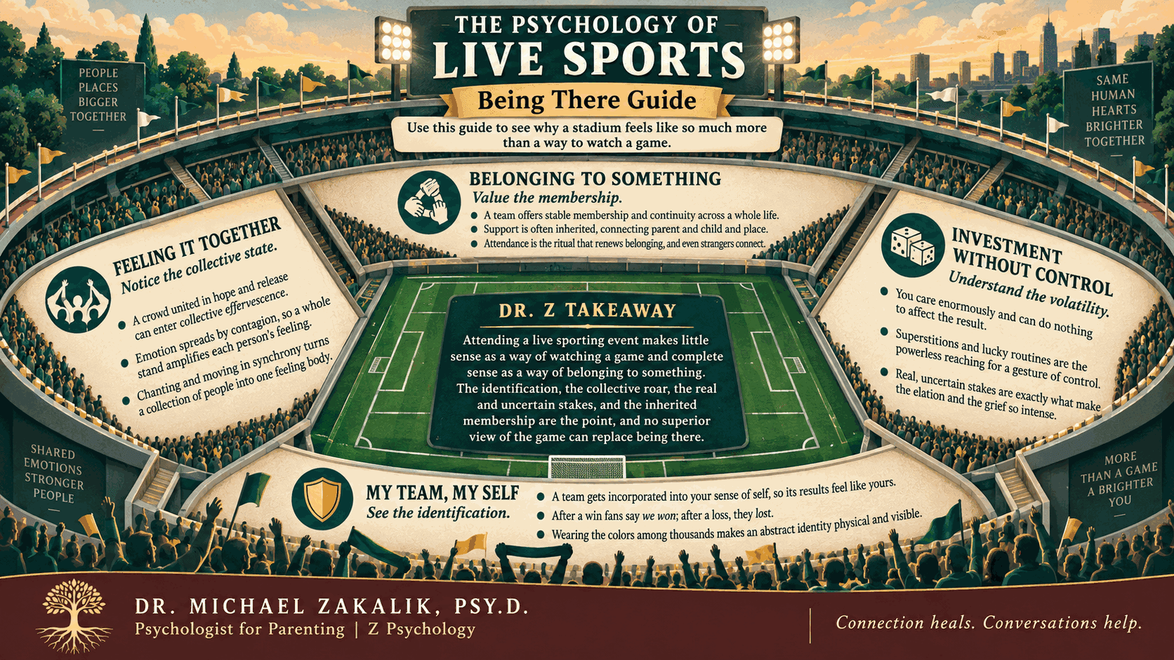 Being There Guide with four sections around a stadium field: feeling it together, belonging to something, my team my self, and investment without control, plus a Dr. Z takeaway.