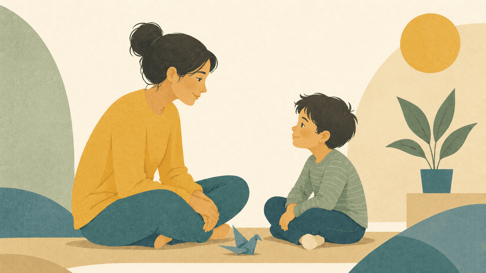 A parent and child having a gentle, honest talk.