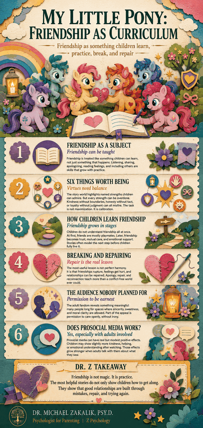 Infographic on My Little Pony: friendship as a learnable skill, six named virtues, how friendship understanding matures, rupture followed by repair, and the modest but real effects of prosocial media.