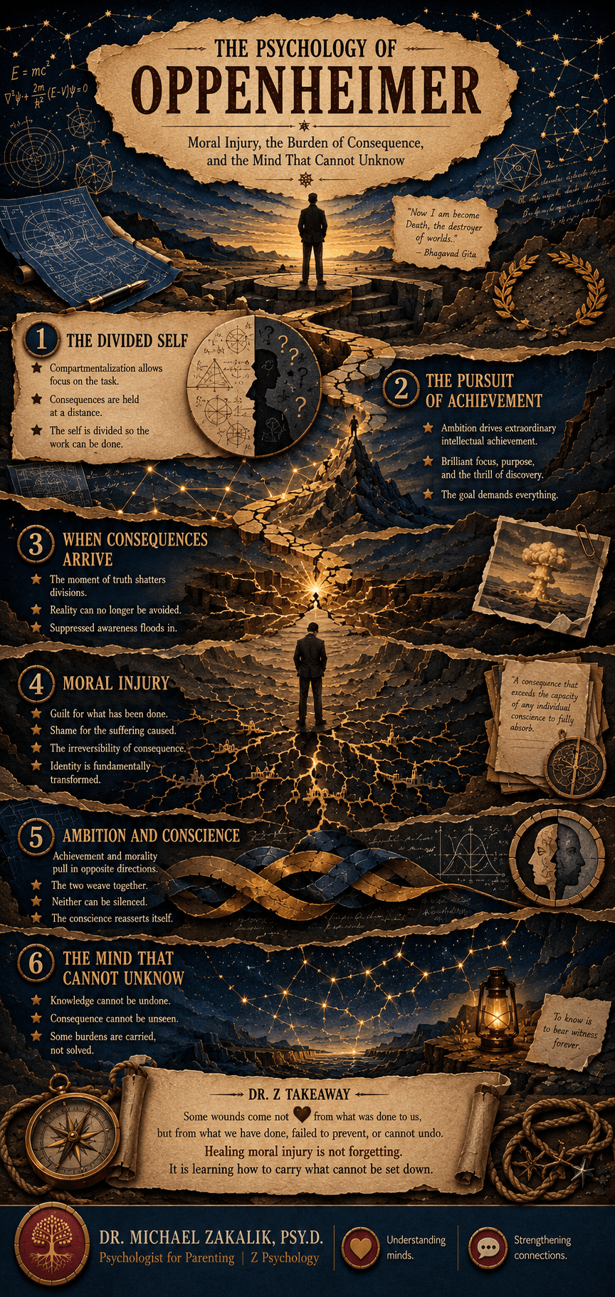 Infographic on Oppenheimer: the divided self, the collapse of compartmentalization, moral injury, ambition versus conscience, punishment sought, and the mind that cannot unknow.