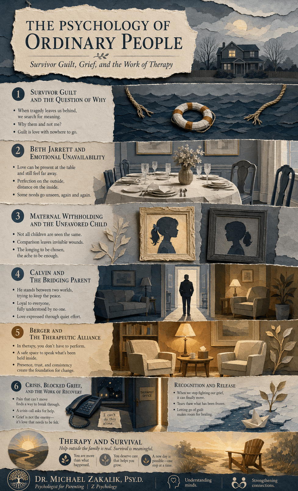 Infographic on Ordinary People: survivor guilt, the emotionally unavailable parent, the bridging parent, the therapeutic alliance, and blocked grief that finally moves.