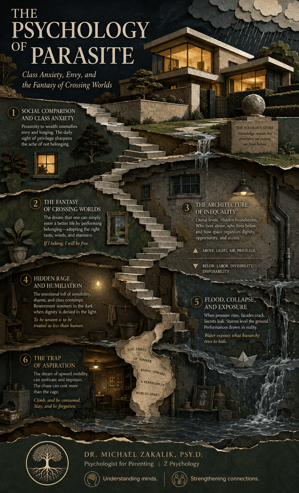 Infographic on Parasite: class shame, the smell that cannot be washed off, the invisibility of the poor, the architecture of inequality, the competition among the poor, and the foreclosed dream.