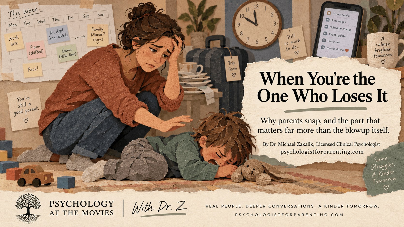 A parent kneeling beside an upset child on the floor, looking frayed, with a cluttered calendar behind them.