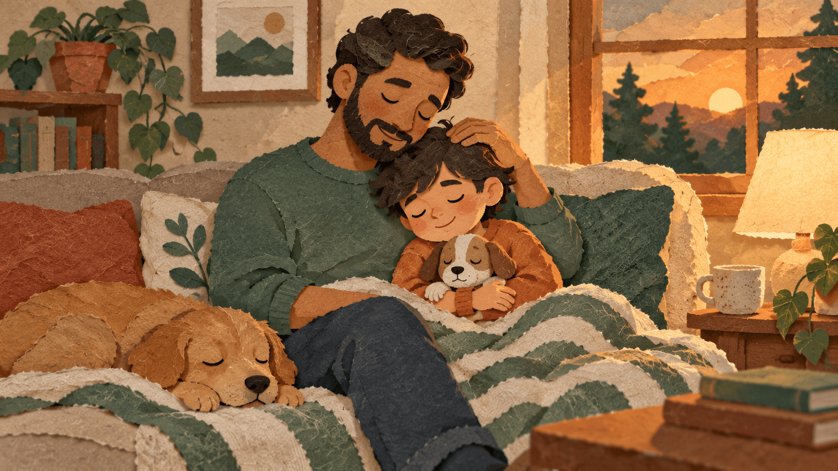 Warm paper-cut illustration of a parent and child reconnecting quietly after a hard moment, sitting close on a couch, the calm after repair.