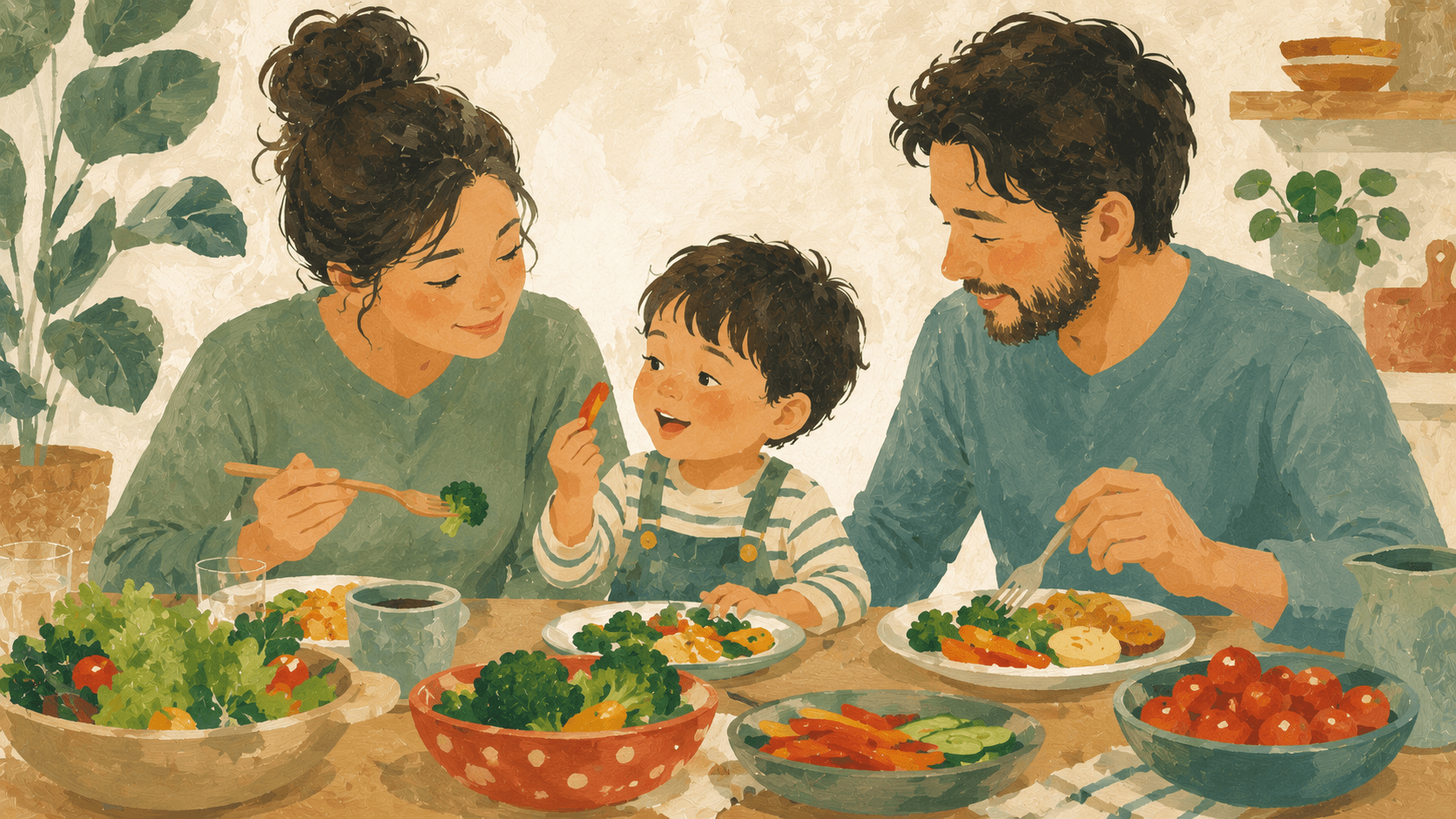 A cheerful, relaxed family table with colorful vegetables.