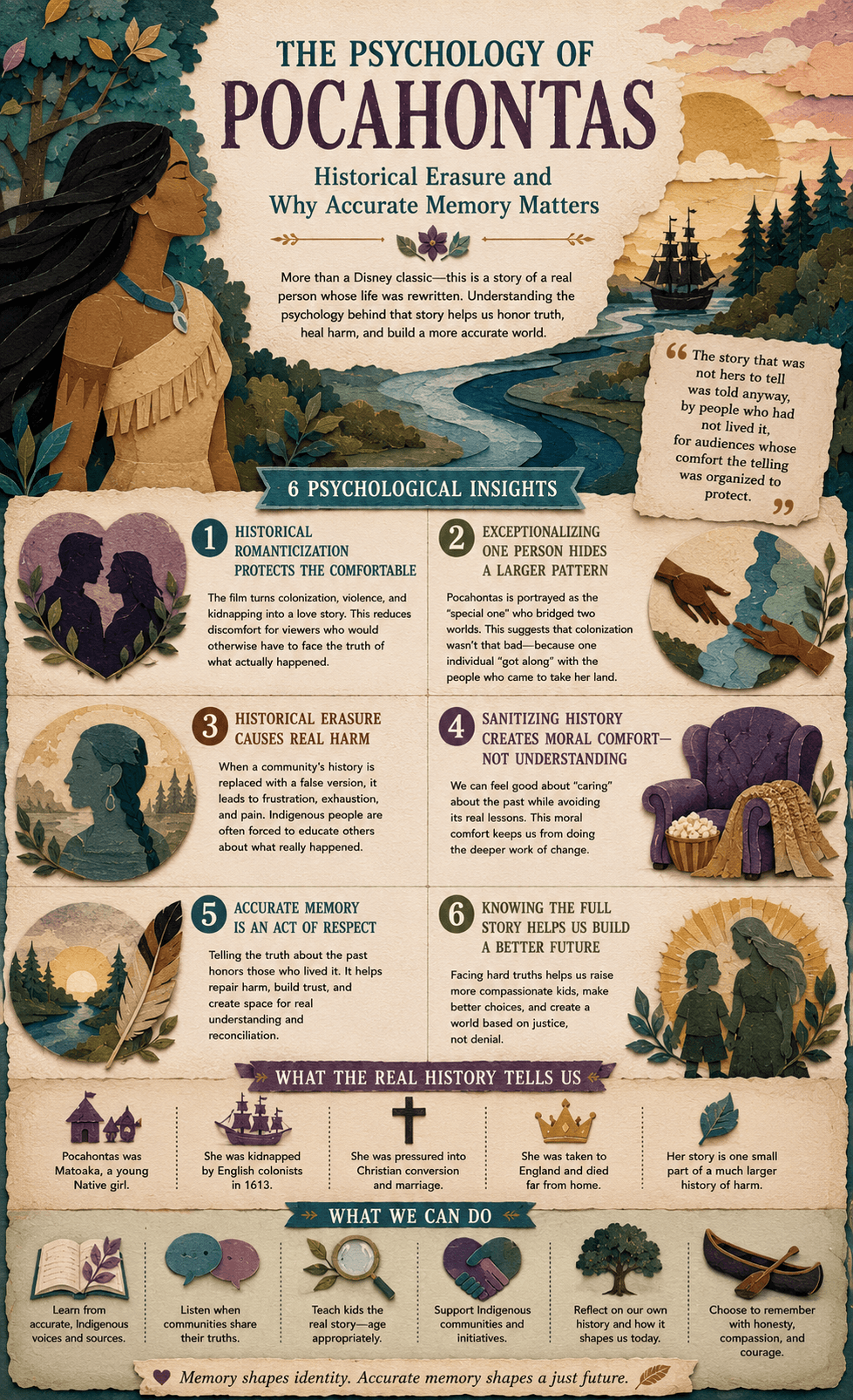 Infographic on Pocahontas: historical romanticization, moral comfort, identity stripping, romantic reframing of coercion, and why accurate memory matters.