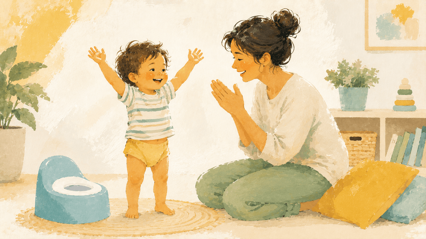 A cheerful toddler and parent in a bright bathroom.