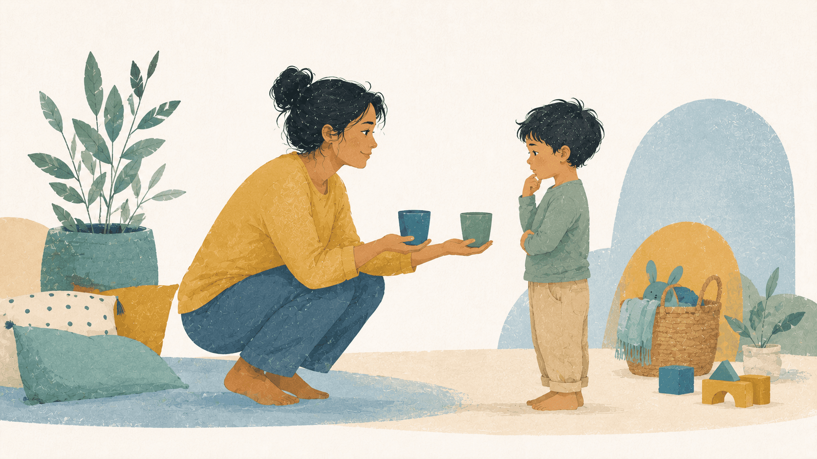A calm parent offering a child a choice.