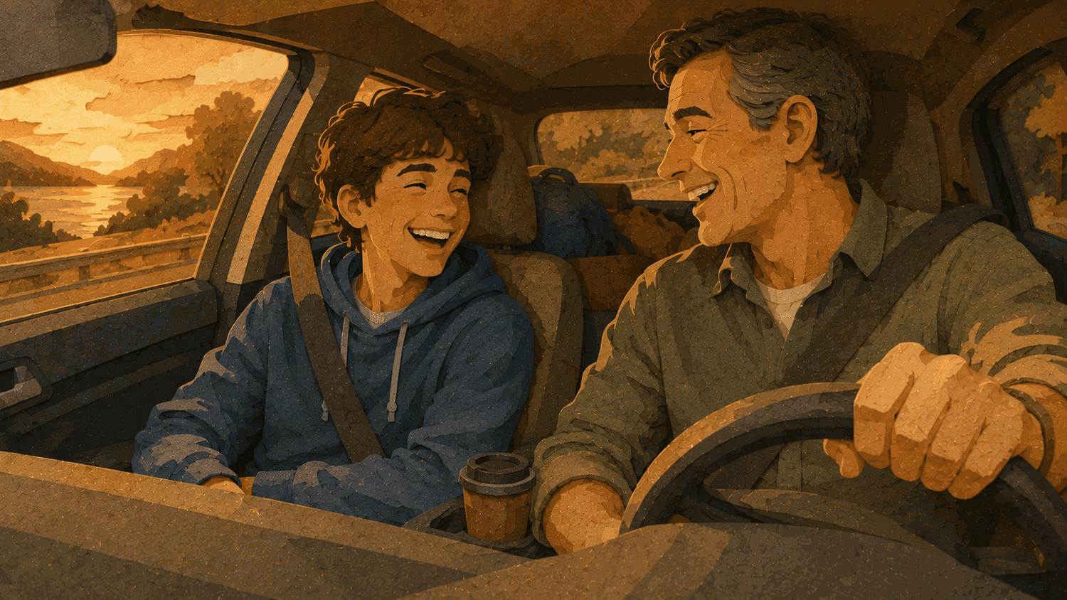 A parent and teen sharing a warm conversation during a drive before the teen leaves home.
