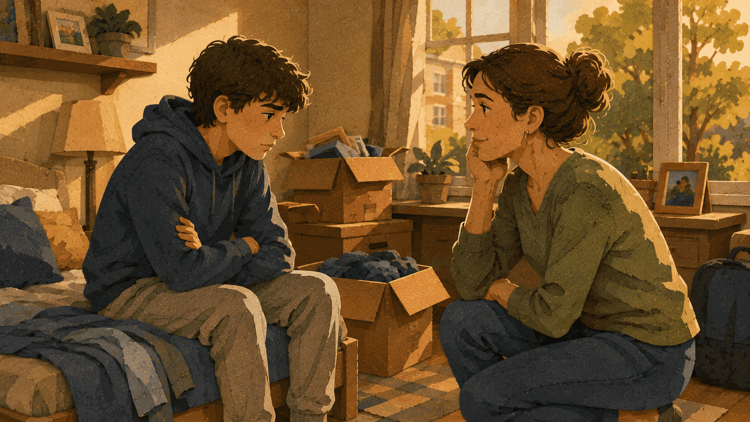 A parent listening attentively to a tense teen while college boxes are packed around them.