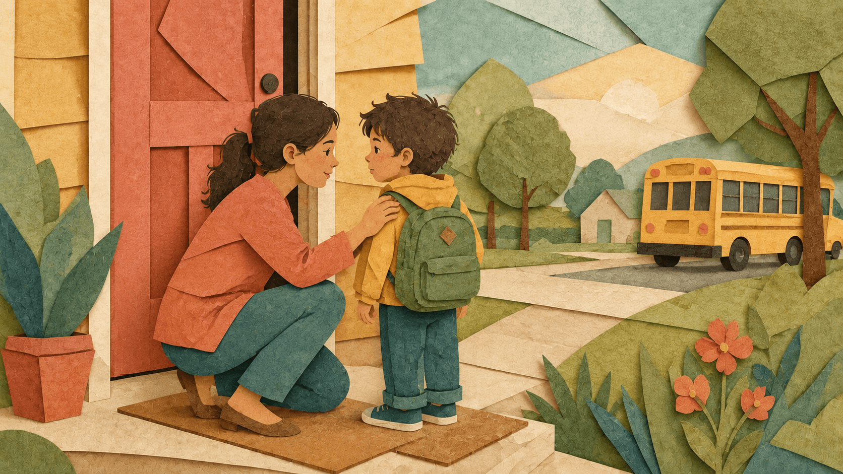 A parent reassuring a child at the door on a school morning.